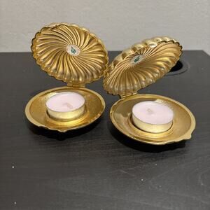 Pair of Tea Light Candle Holders Travel Gold Tone Clam Shell Compact Partylite